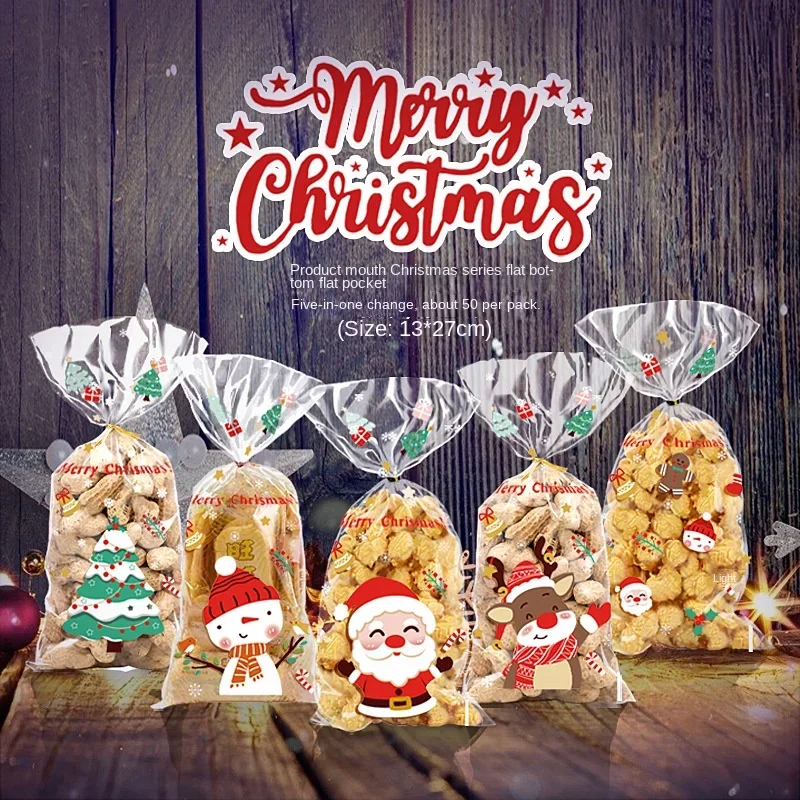 

50PCS Merry Christmas Transparent Candy Bag Party Supplies Santa Snowman Deer Tree Cookies Bag Christmas Decoration