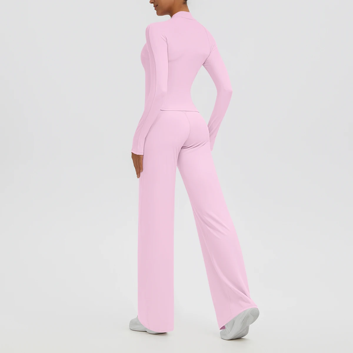 Rooftrellen 2PCS Women's Yoga Suit Quick Drying Slim Yoga Zipper Long Sleeves Thumbhole Design Push Up Loose Wide Leg Pants Set