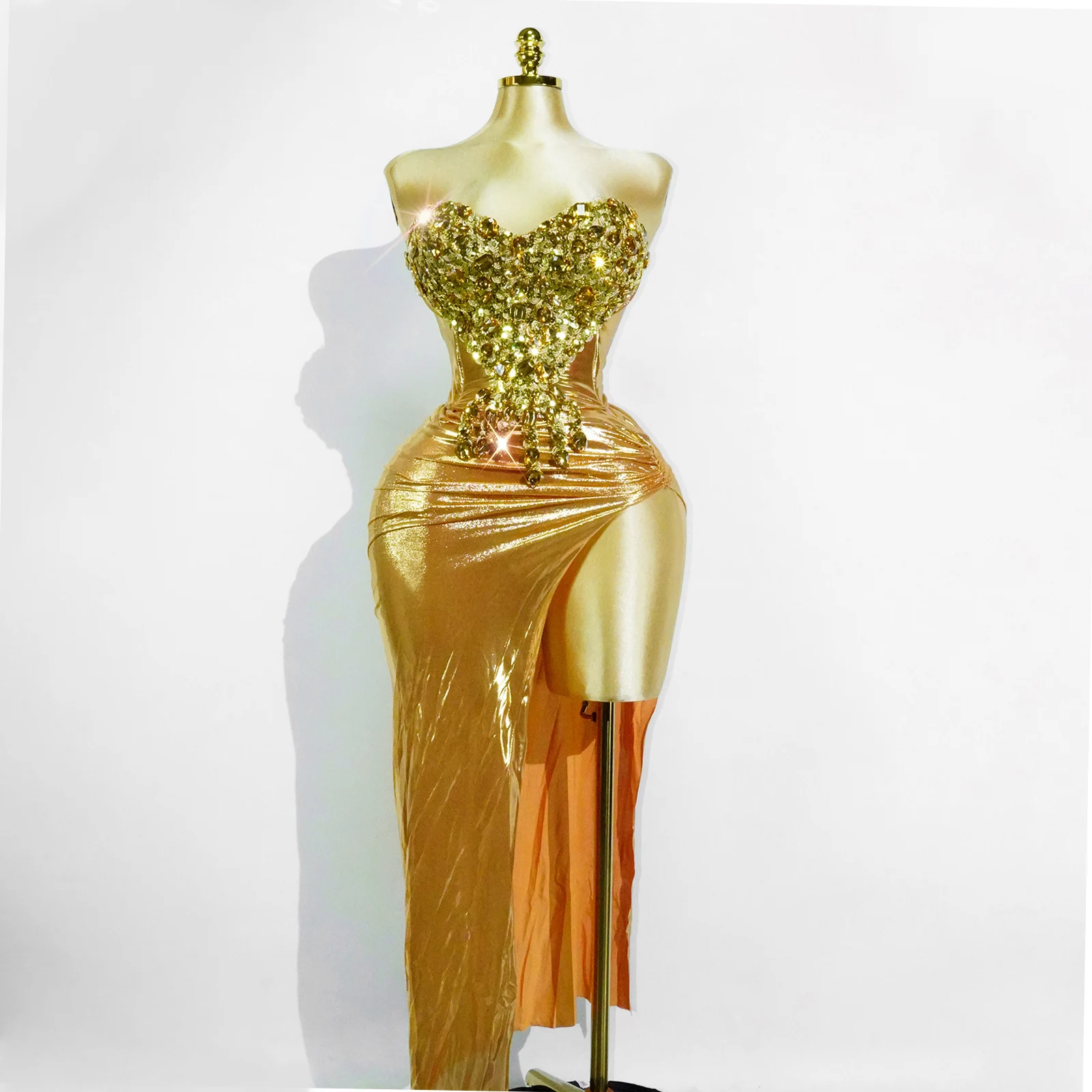 

Exclusive Gold Dress Sexy Top And Skirt Sets Mesh Sequin Crystal Wedding Birthday Party Club Drag Queen Costumesstageperformance