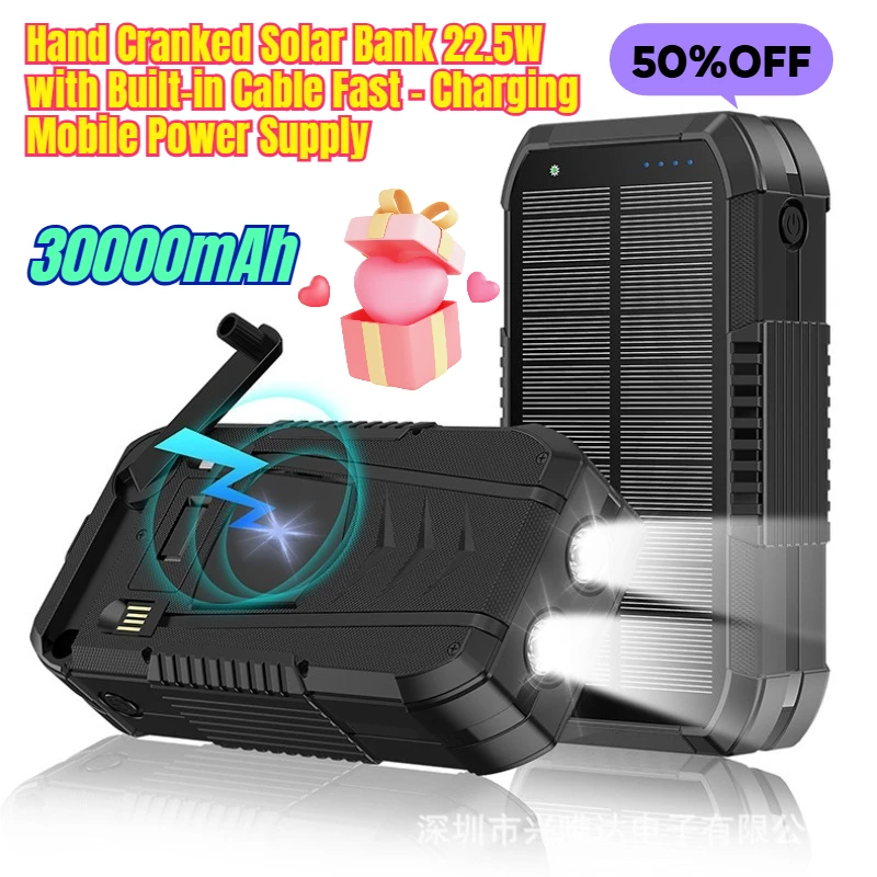 

30000mAh Hand Cranked Solar Bank 22.5W with Built-in Cable Fast - Charging Mobile Power Supply