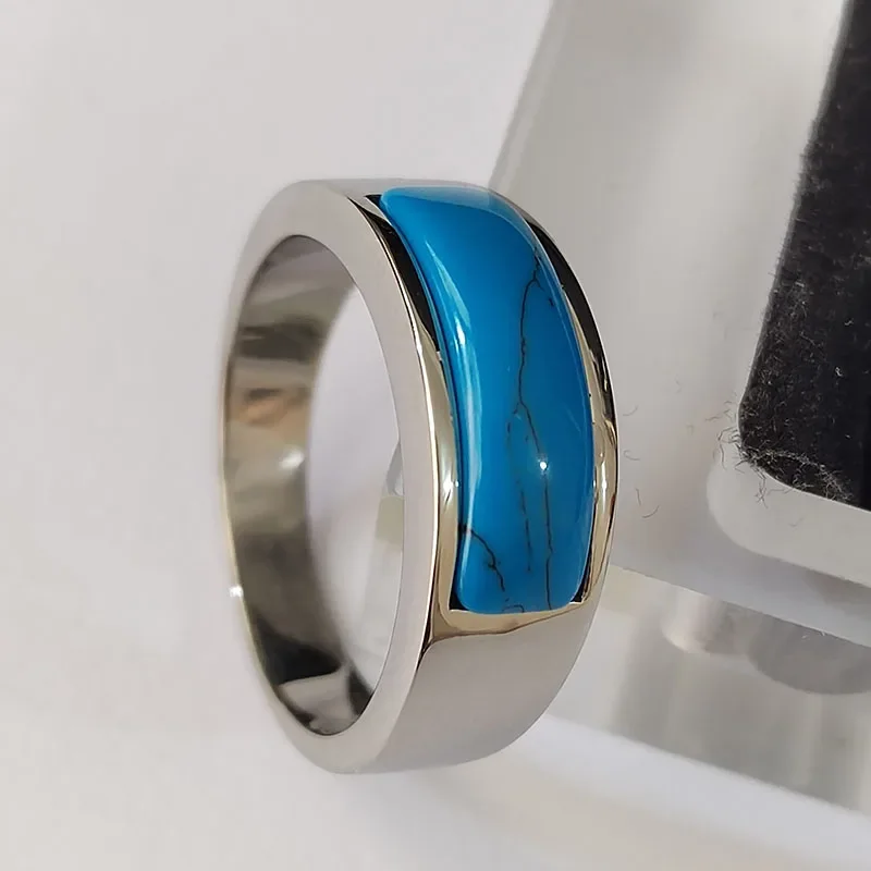 7 Colors 8mm Rings for Men Women Silver Color High Quality Stainless Steel Ring with Natural Turquoise Wedding Gifts for Guests