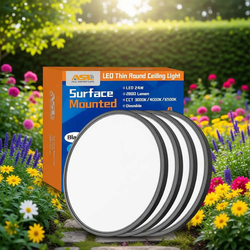 

4-Pack 12 inch LED Ceiling Light, 24W 2880lm Dimmable CCT 3000K/4000K/6500K Edge-Lit Thin White Round Surface Mount Light for Ki