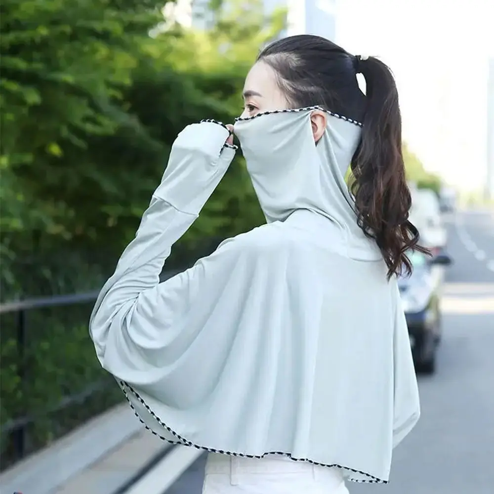 

Solid Color Sunscreen Sleeves Shawls Long Sleeve With Mask Veil Neck Protection Full Face Mask Cloak Style Ice Silk