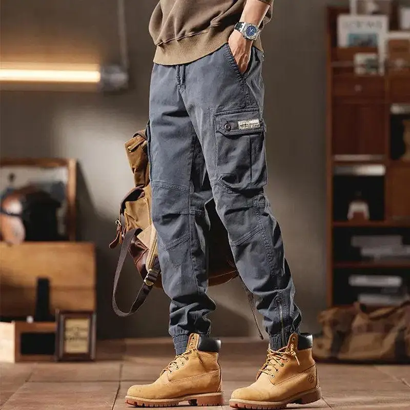Men's Casual Cotton Work Trousers Spring Autumn High Quality Wear Resistant Cuffed American Retro Multi Pocket Loose Fit Pants
