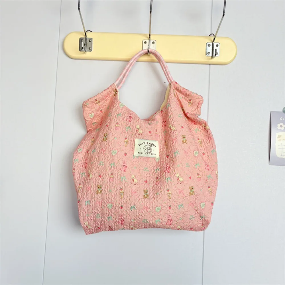 

Trendy Sweet Drawstring Shopping Bag Bear Large Capacity Cartoon Printed Handbag Lightweight Flower Commuting Tote Bag Outdoor