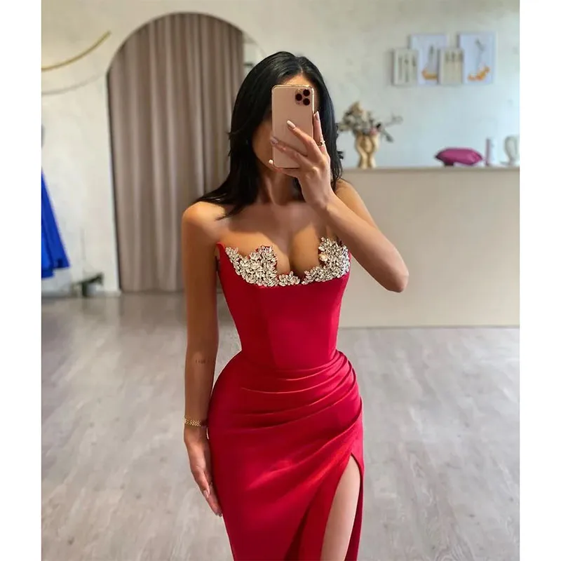 Sexy Red Prom Dresses for Women Sweetheart Crystals High Side Split Special Occasion Dress Birthday Celebrity Evening Gowns