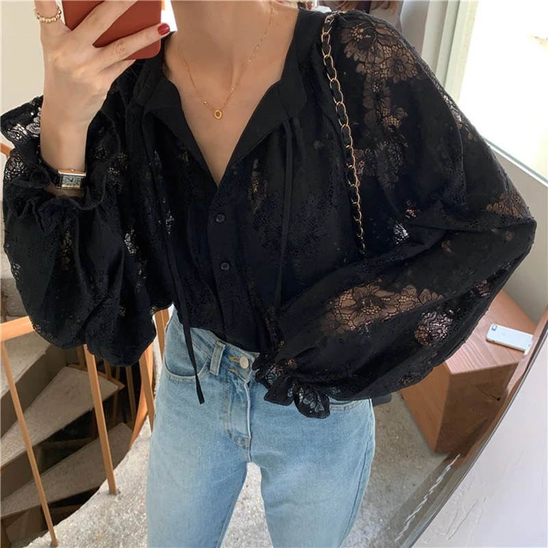 Fashion Vintage Lace Blouse Women New Lantern Sleeve V-neck Shirt Woman Loose Elegant Flower See Through Sexy Tops Blusas 10202