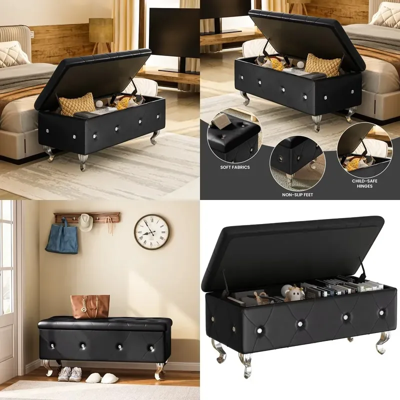 Deluxe Upholstered Leather Storage Bench 37.4in Wide Lounge Seat with Security Hinges for Living Room Bedroom Black