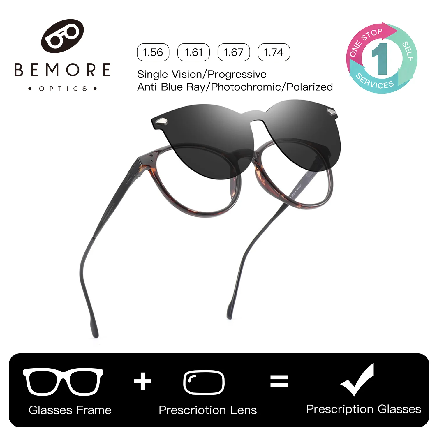 BEMORE Retro Round Polarized Clip on Prescription Eyewear Handmade Acetate Myopia Progressive Multifocal Glasses Women