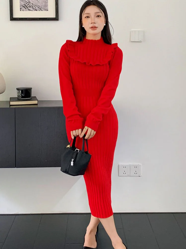 Automne hiver femmes rouge volants tricot robe moulante femme à manches longues mince solide pull dames mode gaine longues robes