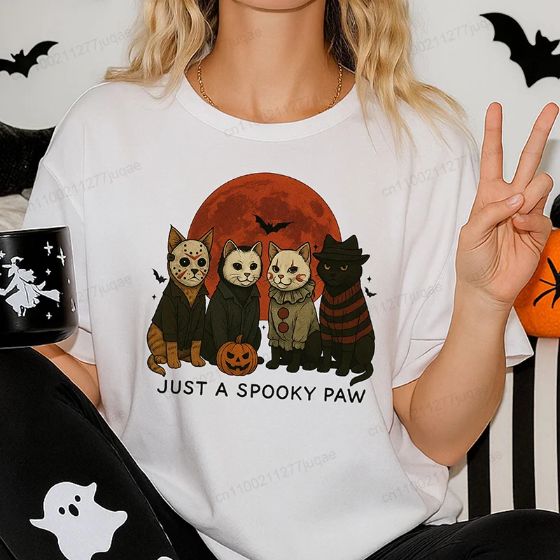 

Women Cat Horror Graphic Print T-shirt for Women Girl Short Sleeve Crew Neck Casual Top Just A Spooky Paw Women's Tee Clothing