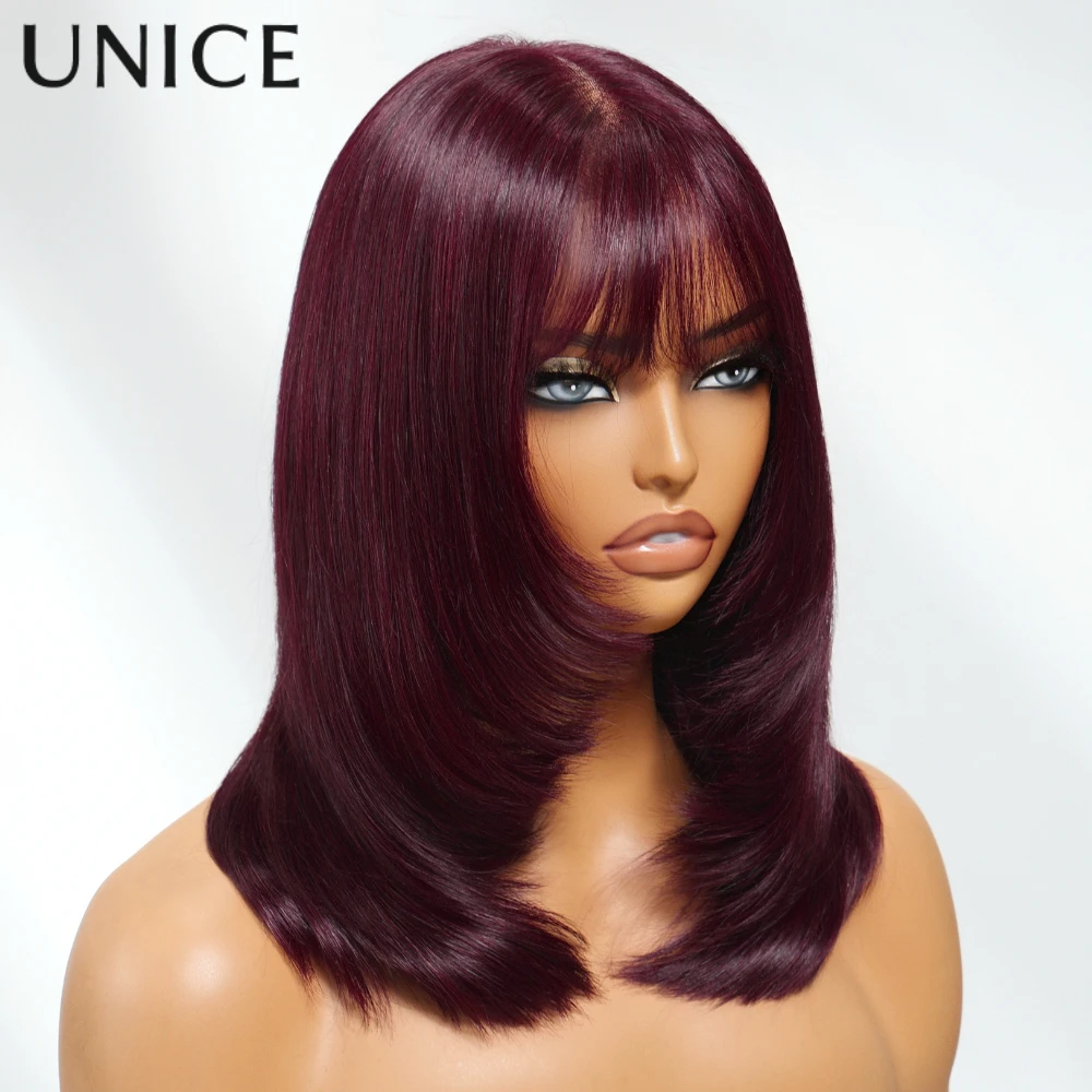 UNice الكرز الأسود الطبقات قطع مستقيم بوب شعر مستعار مع الانفجارات 7x5 الدانتيل قبل قطع قبل ابيض غلويليس شعر مستعار شعر الإنسان 150% الكثافة