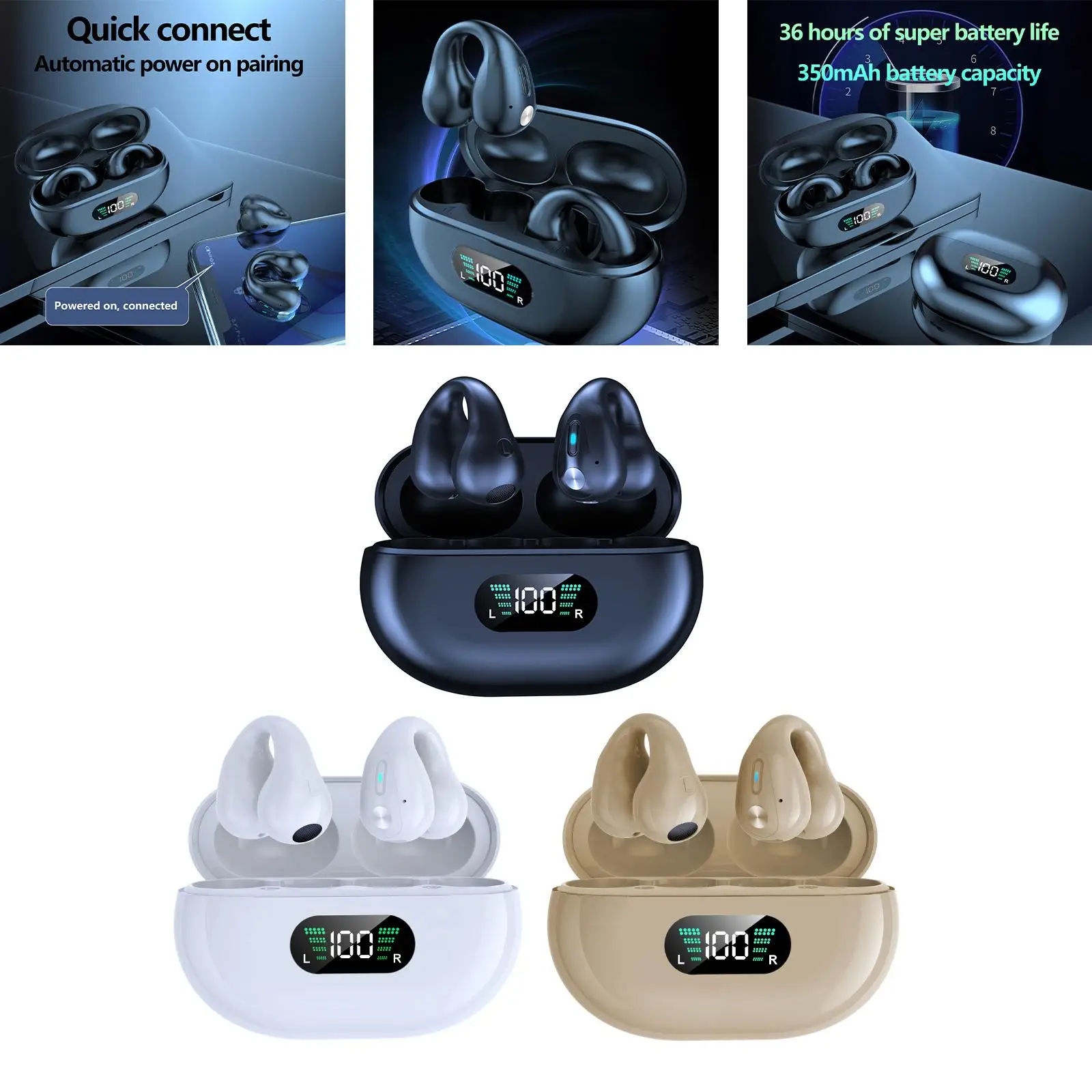 Auto Pairing Ear Clip Headphones Headphones Stereo Sound Built in Mic Noise