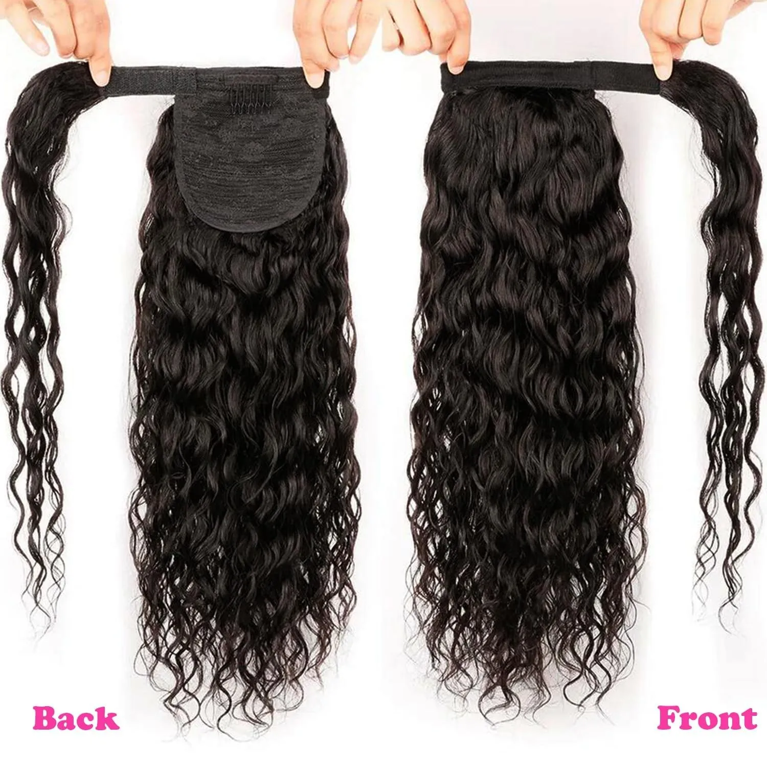Water Wave Ponytail Human Hair Wrap Around Magic Tape Peruvian Hair Clip In Extension Wet And Wavy Pony Tail Natural Black Hair