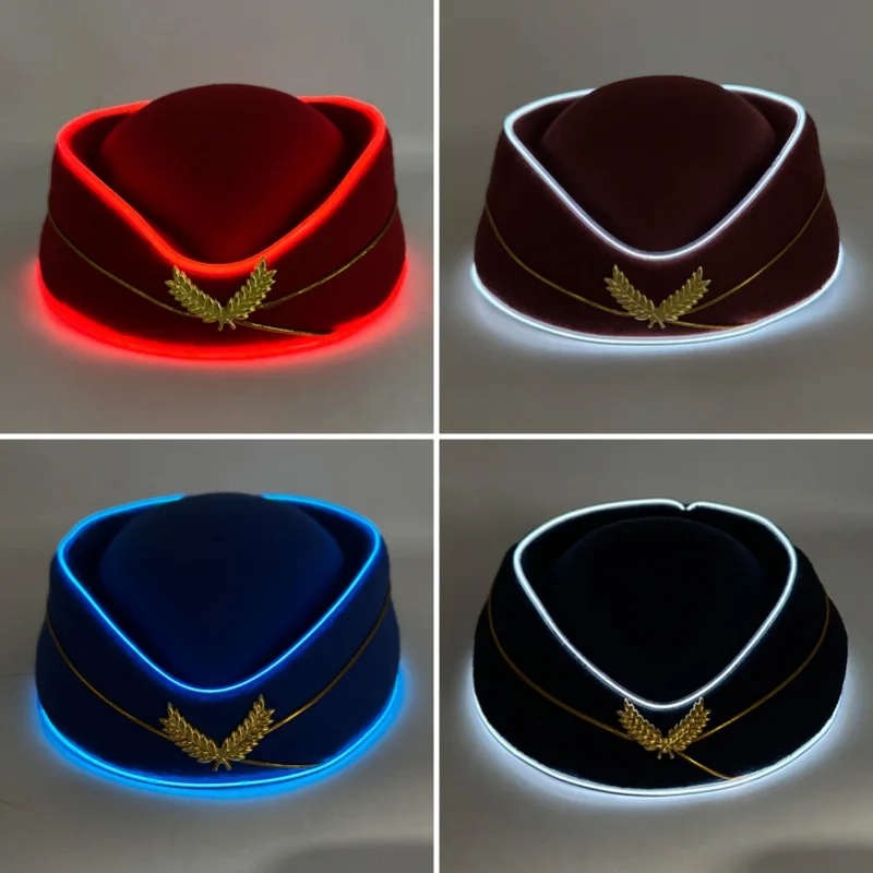 New LED Light Up Stewardess Hat Party Glowing Flight Attendant Cap, Glowing Air Hostess Hat Uniform Cosplay Carnival Accessory