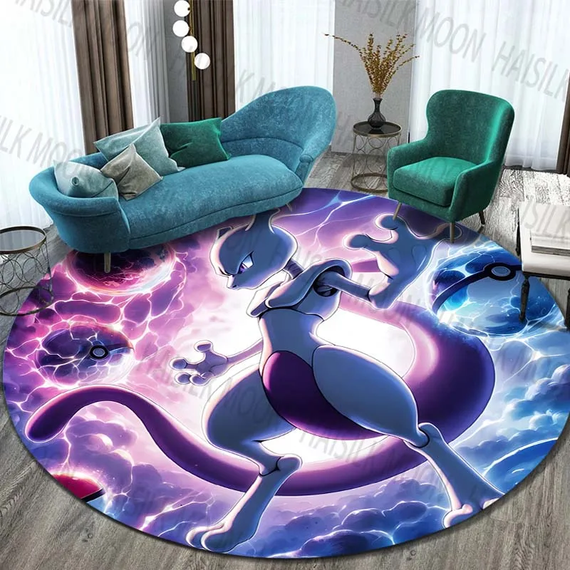 Pokemon Mewtwo Cartoon HD Printed Round Carpet for Living Room Rug Pikachu Picnic Mats Flannel Anti-Slip Rug Yoga Mat Gifts