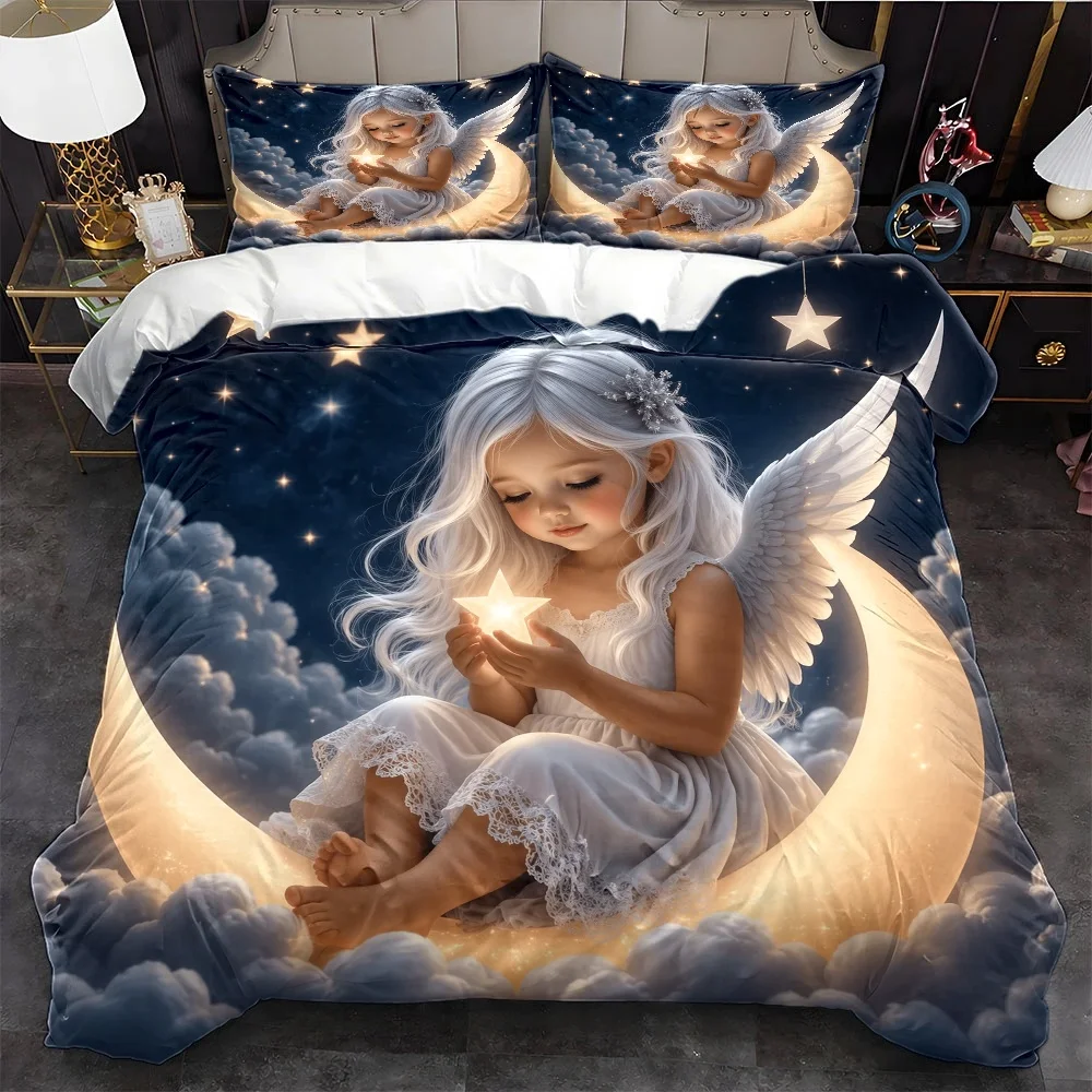 3Pc Dreamy Angel Moon Star Duvet Cover Set, Three-Piece Bedding Set (1*Duvet Cover + 2*Pillowcases), Suitable for All Seasons, Machine Washable, Invisible Zipper Design, Large Double Bed Cover Set, Suitable for Home, Dormitory, Master Bedroom, Guest Room, Beautiful Starry Sky and Cloud Angel Pattern, Soft and Skin-Friendly Bedding, Hot-Selling Ins-Style Bedding Set 2D Flat Print