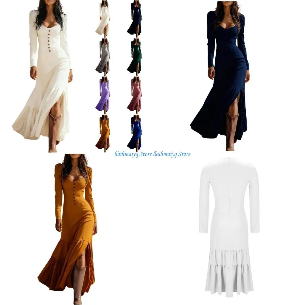 

573B Женское вечернее платье с длинным рукавом и пуговицами спереди с квадратным вырезом и корсетом, платья трапециевидной формы