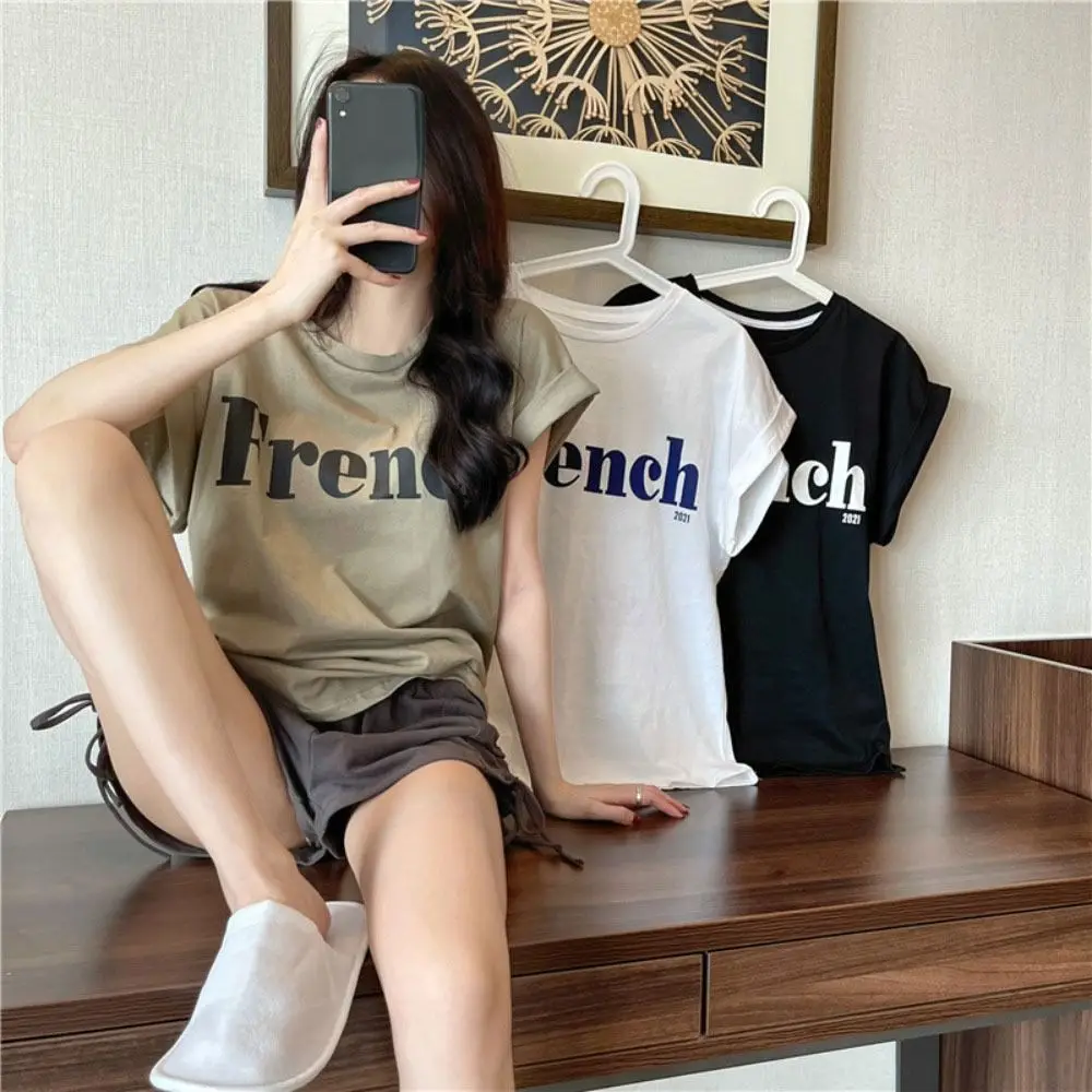 Short-sleeved Drop Shoulder T-shirt Wide Silhouette Print Letter Print T-shirt Casual Round Neck Rolled Edge Loose Tops Women