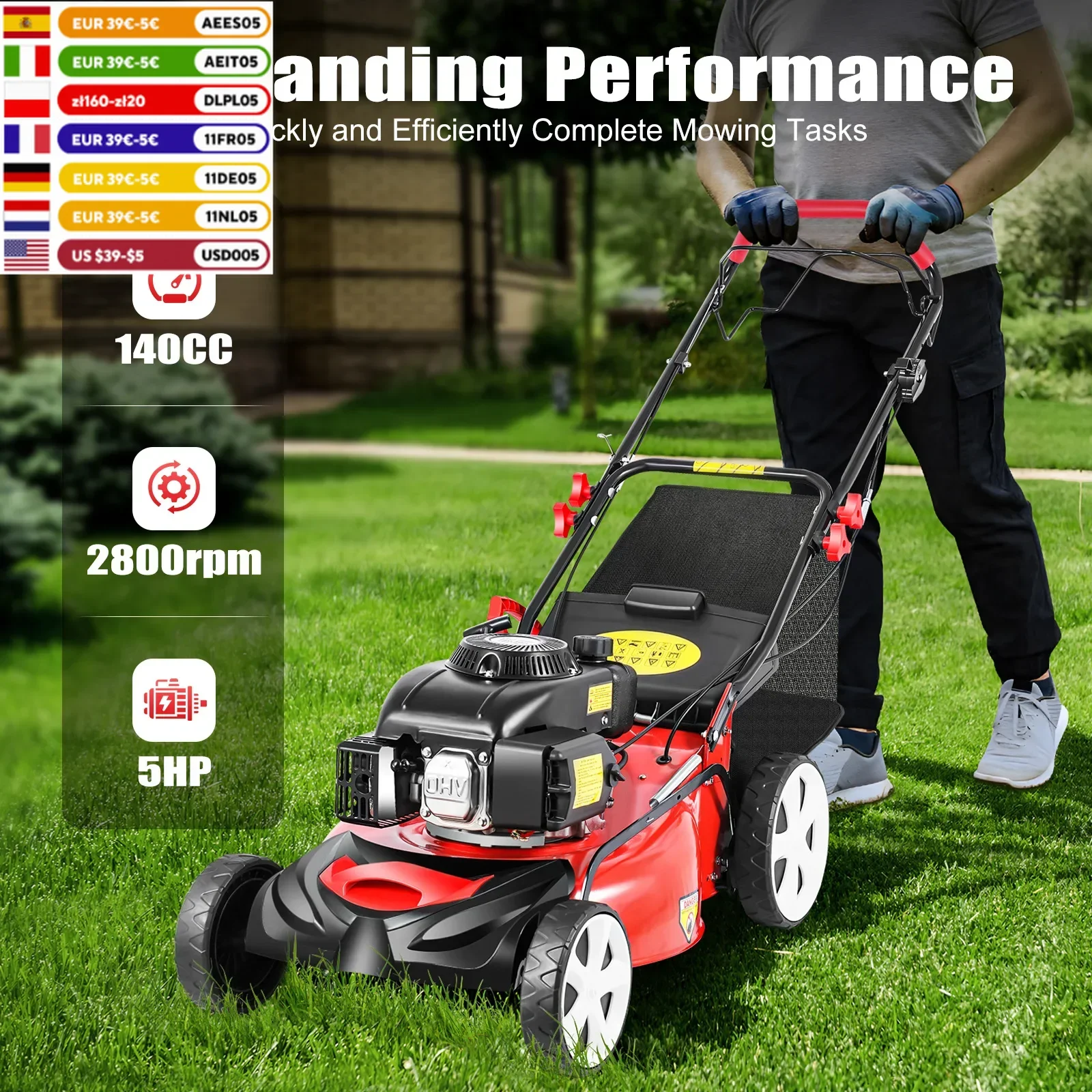 20Inch 5HP Self Propelled Gas Lawn Mower 4-Stroke 140CC Gas Mower, Walk Behind Gas Powered Lawn Mower 2800rpm