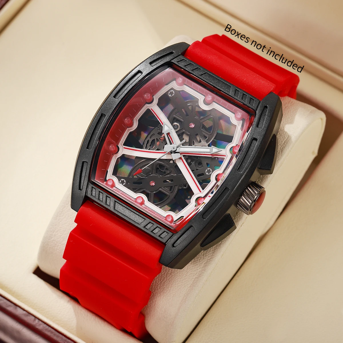 Fashion Tonneau Men Quartz Watch Hollow Skeleton Dial Silicone Strap Sport Wristwatches Clock Relogio Masculino（Without Box）