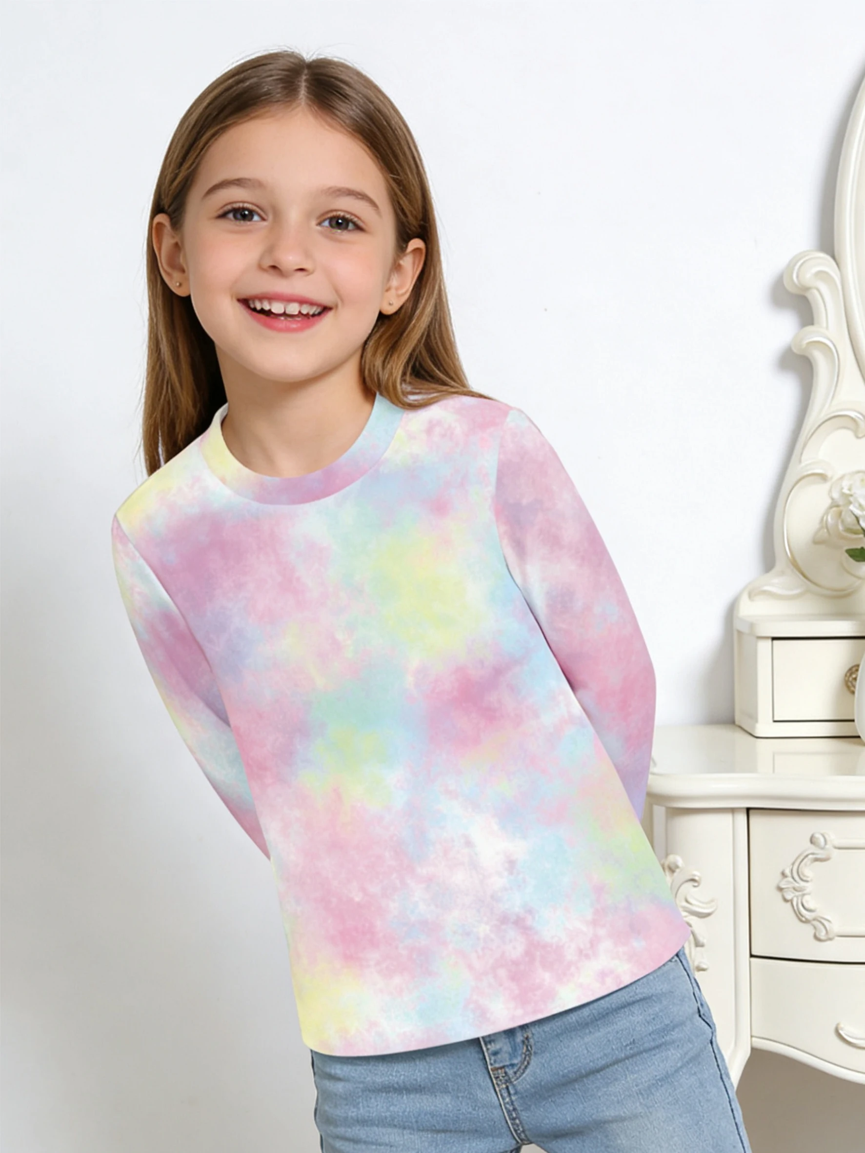 

2026 girls pink blue yellow gradual change tie-dye long sleeve T-shirt