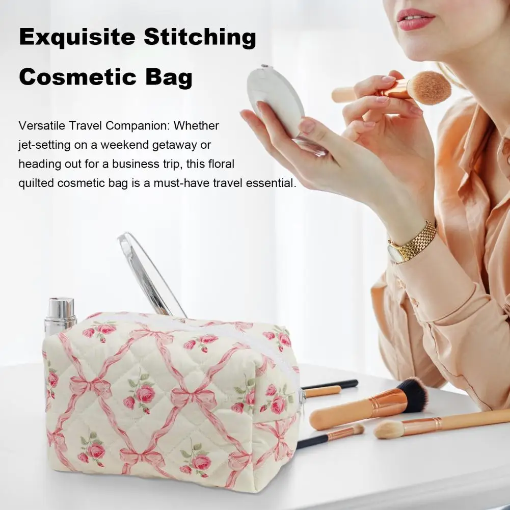 Women Cosmetic Bag Floral Bow Print Large Capacity Lightweight Lipstick Eyebrown Pencil Makeup Brush Travel Makeup Pouch 파우치