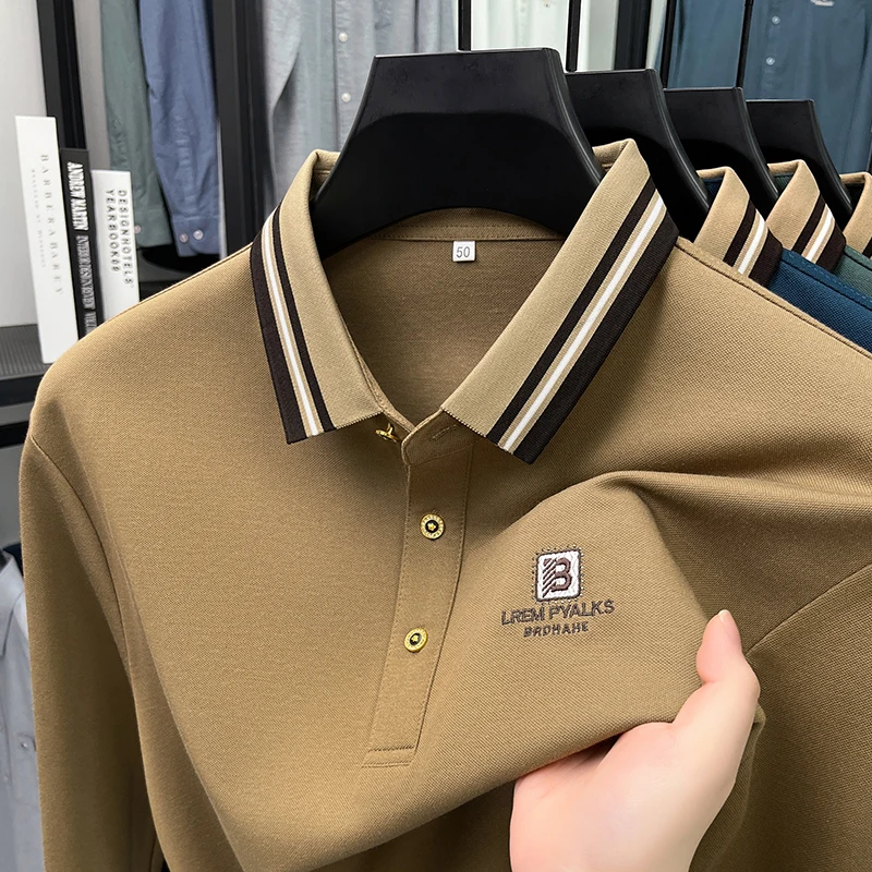 Fashion letter embroidered long sleeve polo shirt men's high-end brand luxury striped color blocked lapel comfort new T-shirt