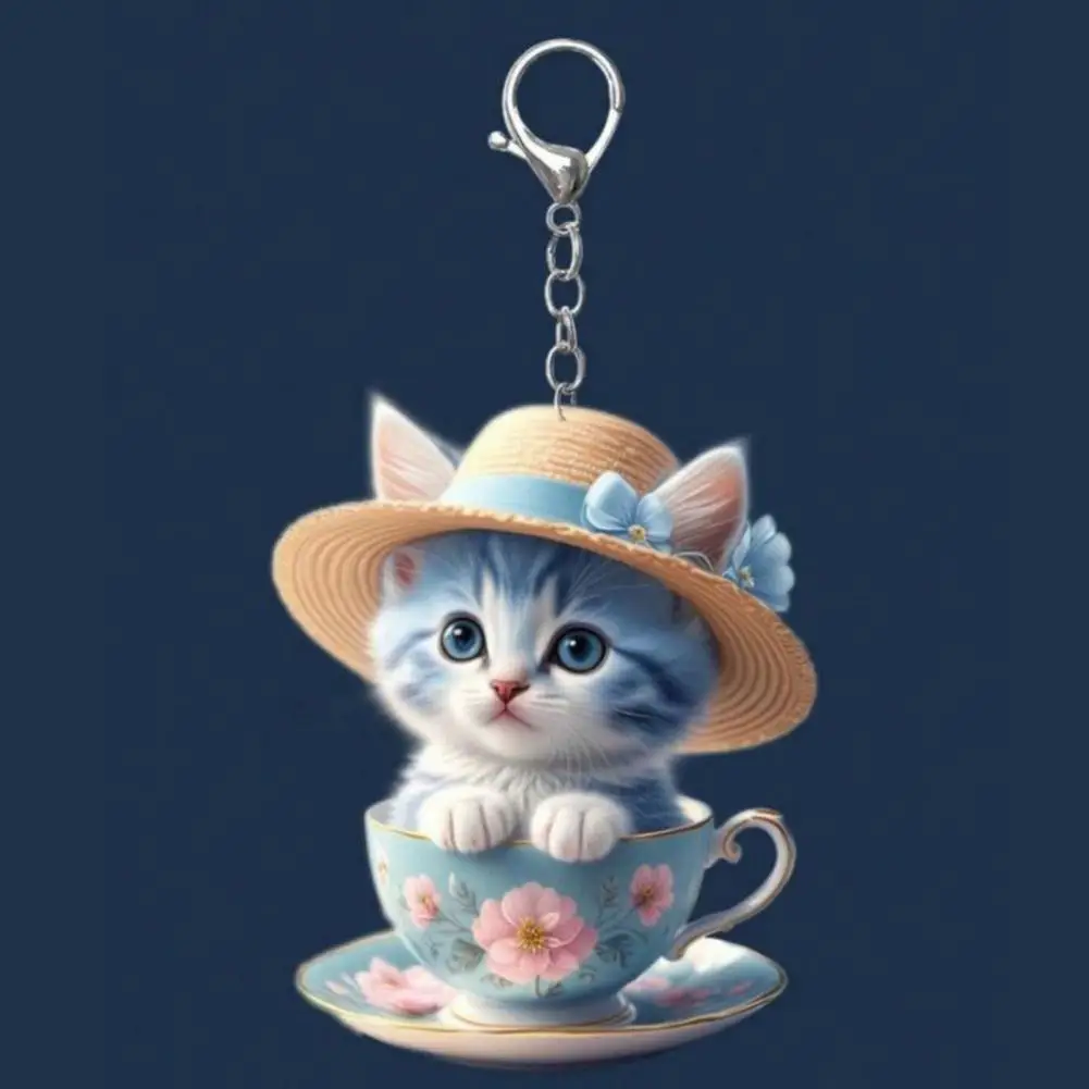 Teacup Cat Pendant Cartoon Cat Acrylic Pendant Durable Hanging Ornament Easy-to-hang Decorative Keychain for Car Rearview Mirror