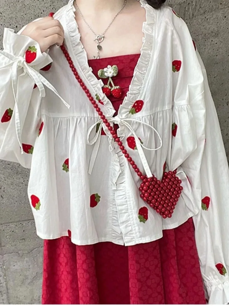 New Summer Kawaii Strawberry Embroidery Cardigan Kimono Blouse Women Sunscreen 2024 Shirt Bandage Ruffle Blusas Loose Tops