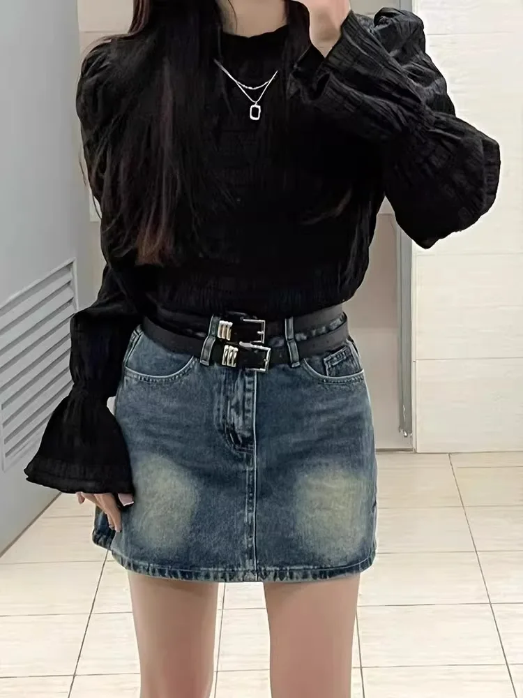 تنورة عالية الخصر على شكل حرف a للسيدات من قماش الدنيم تنانير مثيرة للتنابق الكورية Sle للتنقل بقصة ضيقة منتظمة ورقيقة لصيف 2025