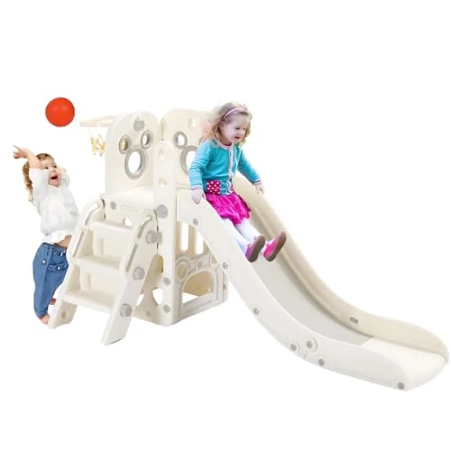 

6 in 1 Toddler Slide for Indoor and Outdoor Use, Sturdy White Plastic Slide with Basketball Hoop and Telescope, Non-Slip Steps,