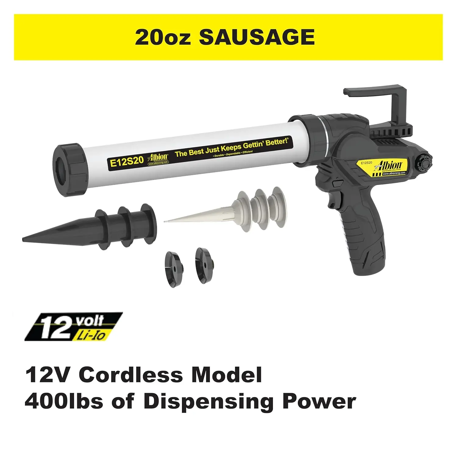 E12S20 B-Line Cordless Sausage Caulking Gun, No Drip, 12V, 20 oz