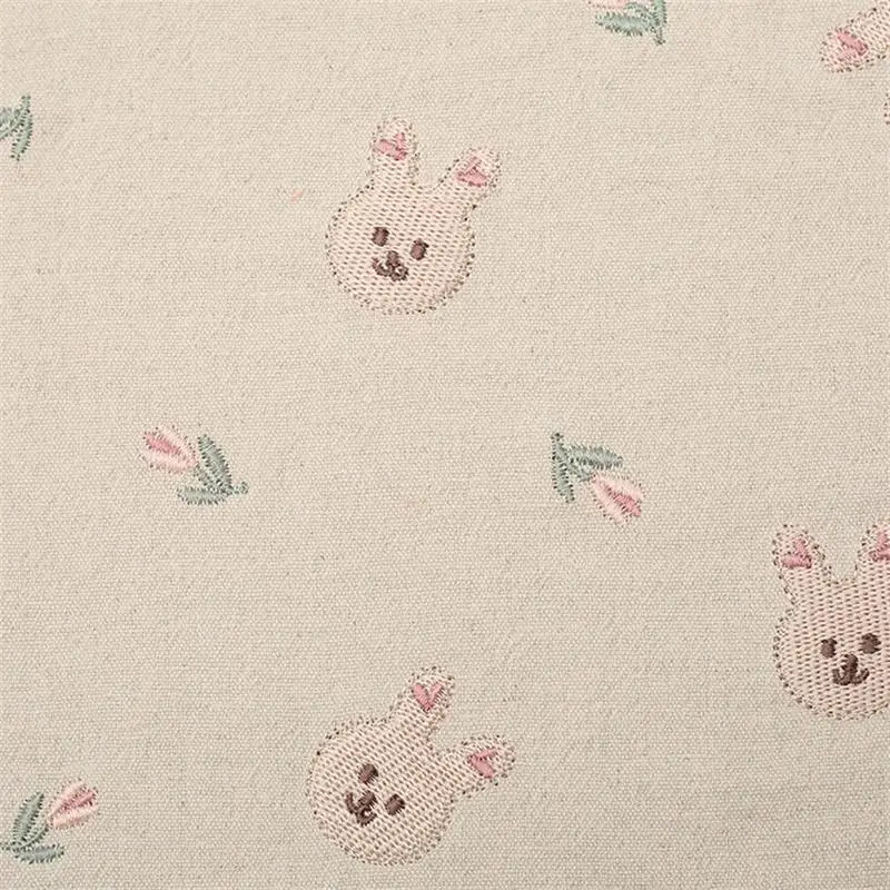 Thick Cotton Linen Bunny Tulip Embroidered Fabric DIY Handmade Bag Pillow Decorative Sewing Fabric