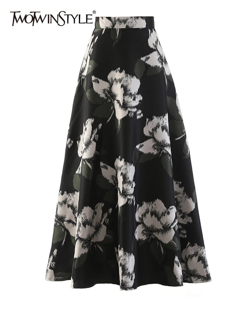 

TWOTWINSTYLE Vintage Print Skirt For Women High Waist A Line Colorblock Casual Midi Skirts Female Summer Fashion Clothing 2022