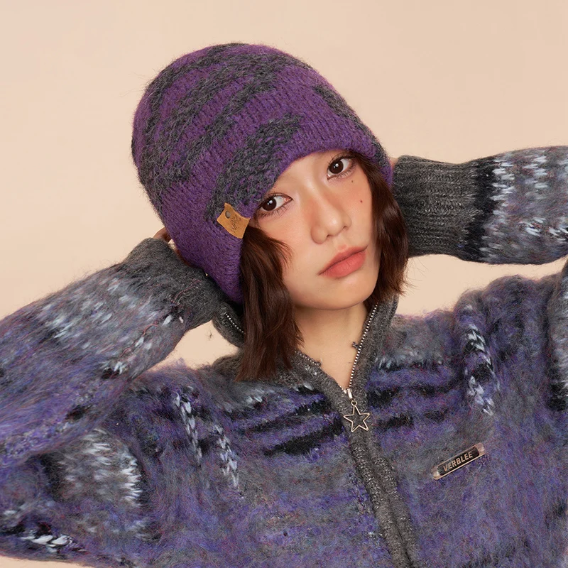 Vintage Street Style Slouchy Cap Winter Warm Fashion Women Knit Hat Print Slouchy Beanie Curated Statement Piece For Streetwear