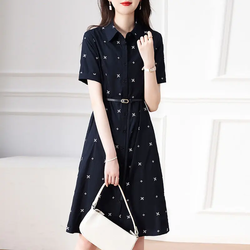 Women Clothing 2024 Summer Fashion Print with Belt Elegant Shirt Dresses Female Short Sleeve High Waist Slim Midi Dress Vestidos