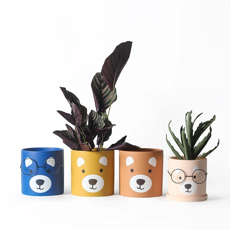 

Korean Cute Wear Glasses Bear Ceramic Flowerpot Lovely Succulent Green Plant Basin Colorful Art Ornament Home Gardening