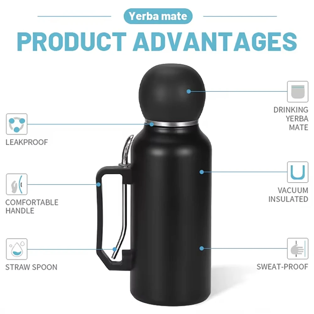 زجاجة معزولة سعة 1300 مل لسيارة يربا ميت، ترمس يربا ميت مزدوج الجدران مع كوب قابل للفصل ومجموعة كومبو من قش بومبيلا - محمول