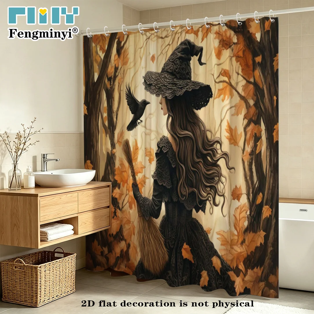 2D Flat, 2D Flat Shower Curtain 1pc, Halloween Shower Curtain with Witch with Broom, Crow, and Autumn Leaves Pattern, Holiday Ba