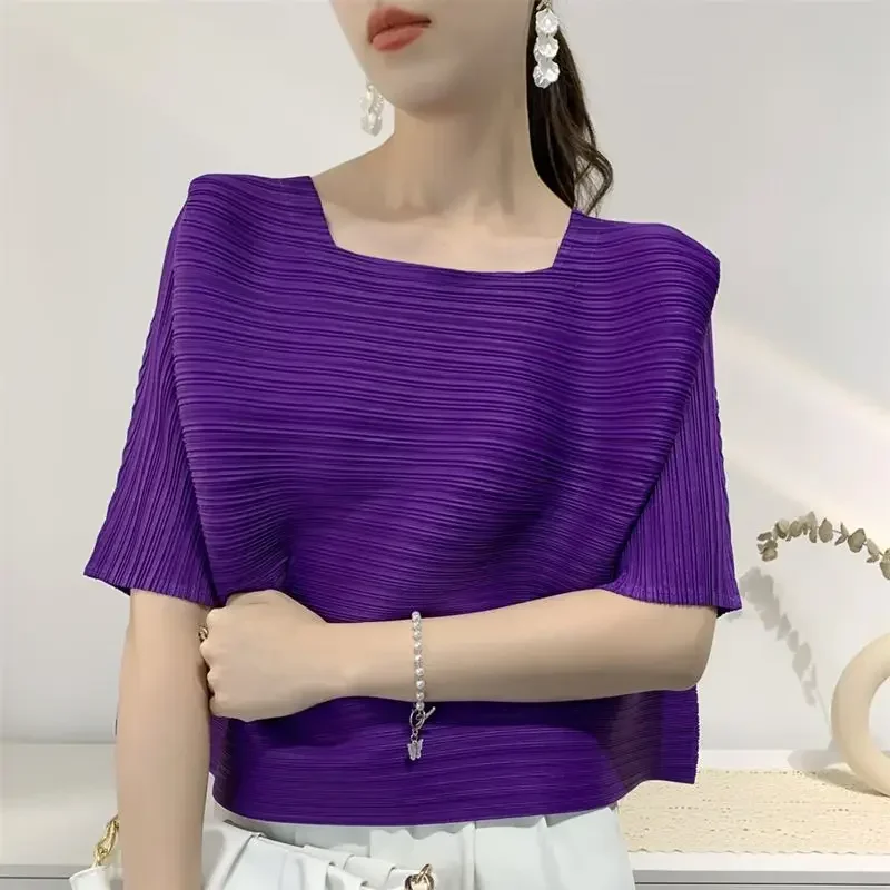 2024 summer new Miyak pleated top women's clothes  casual square collar T-shirt pleated Classic Basic Stretch Top