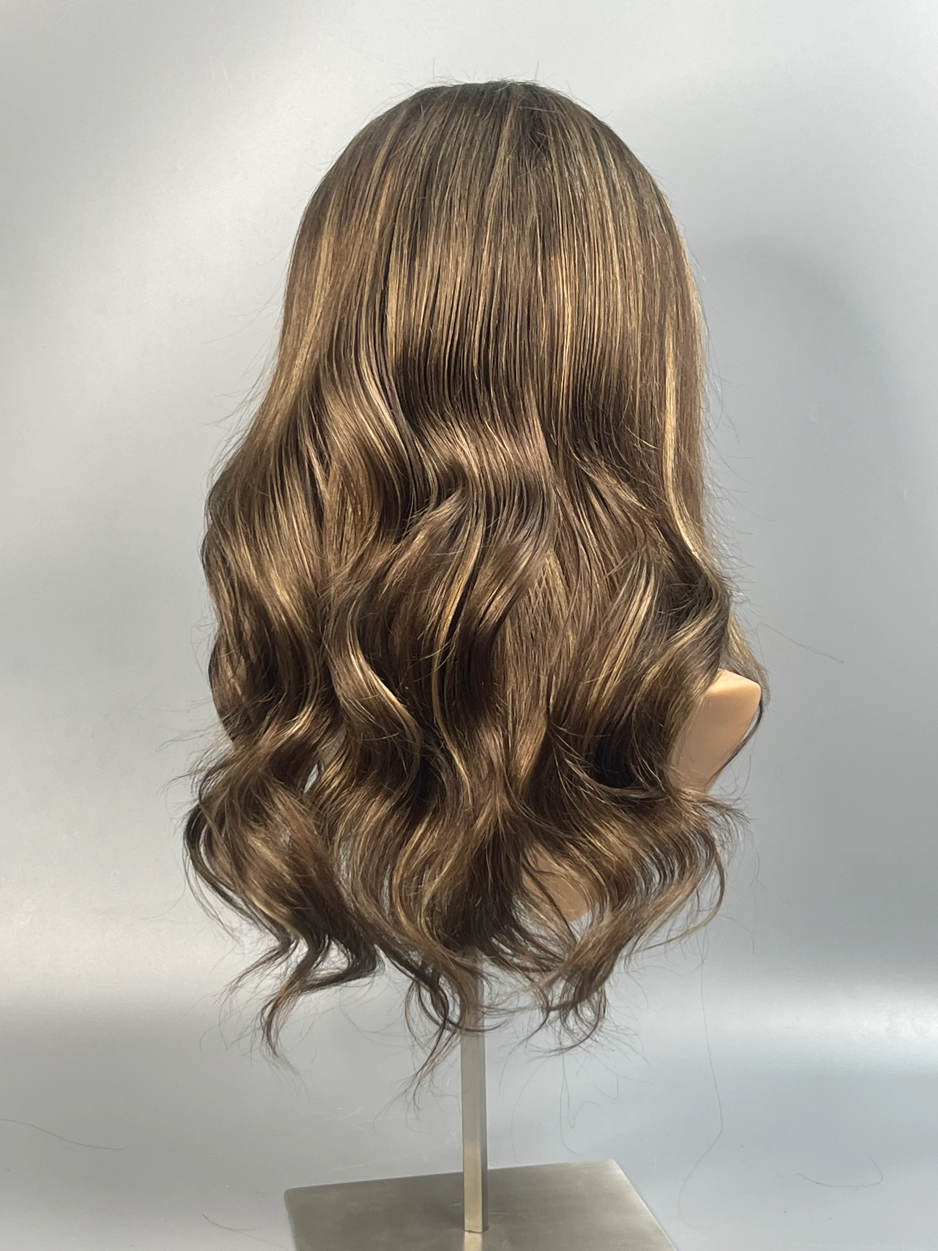 Human Hair Lace Front Wig, Dark Brown with Gold Highlights Long Loose Wave Wig, Silicone Non-Slip Strap Breathable Natural Wig