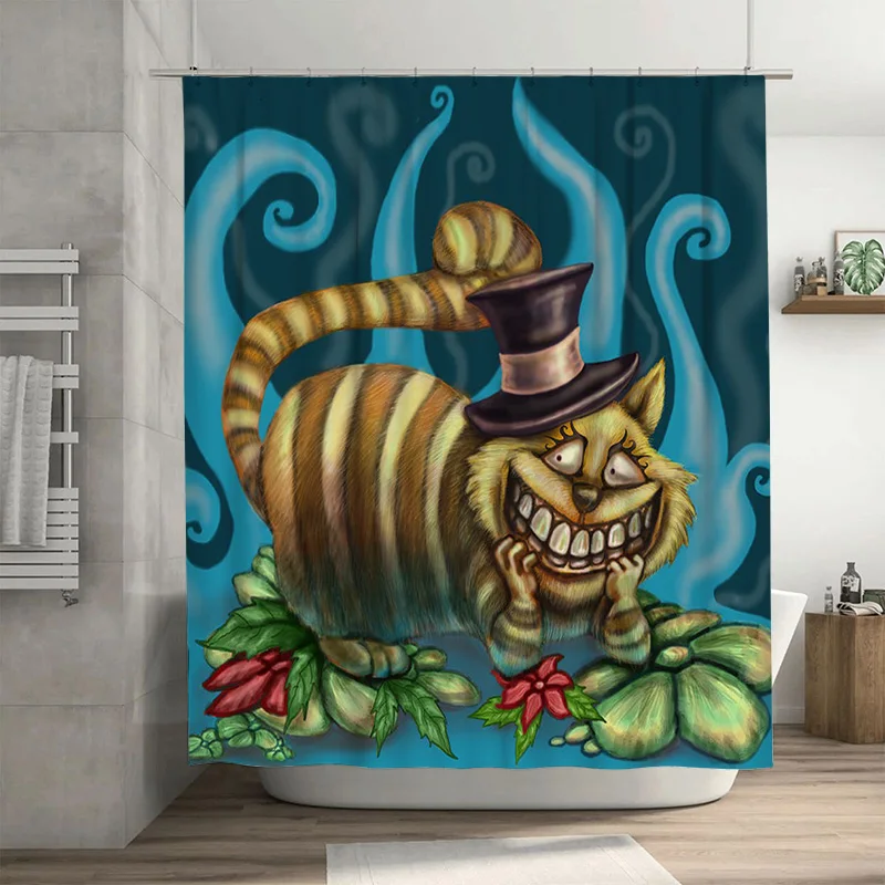 

Причудливая занавеска для душа с чеширским котом и цилиндром, ткань с 3D принтом, водонепроницаемый декор для ванны в сине-зеленом цветочном дизайне