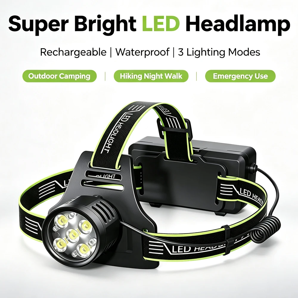 Powerful 5*COB Headlamp For Night Fishing High Power LED Headlight With Digital Display Type-C Charging Portable Head Lamp
