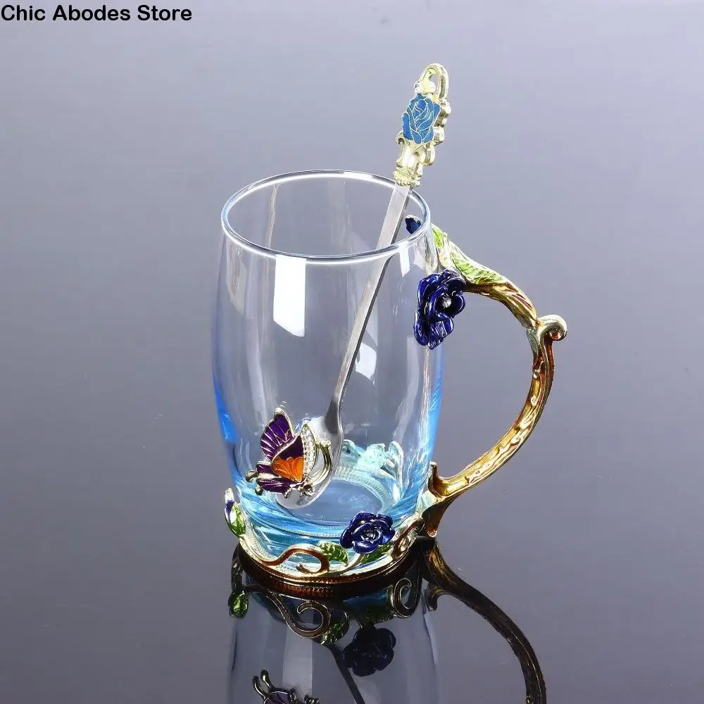 

Household Glass Enamel Flower Tea Cup Flower Pattern Heat-Resistant Coffee Cup Handmade with Spoon Tea Mug Gift
