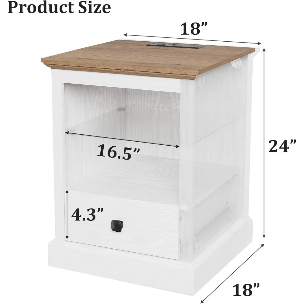 LED Lighted Charging Station Nightstand Set of 2, Modern End Tables with Adjustable Shelves, Storage Drawers, White Finish