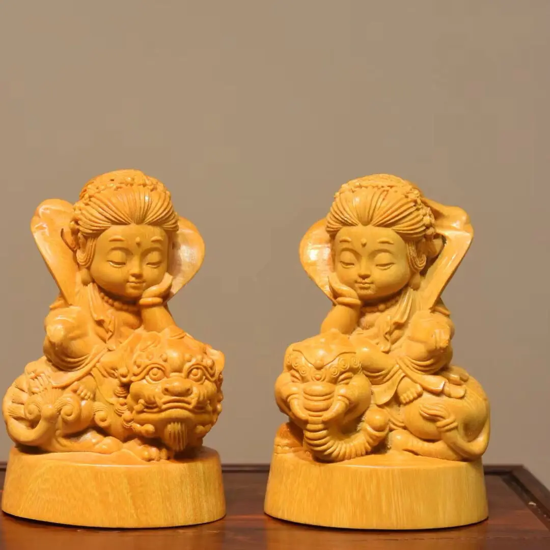 Boxwood Carving Manjushri Bodhisattva Pratyekabuddha Zodiac Guardian Deity Ornaments Home Craft Gifts Home Decor