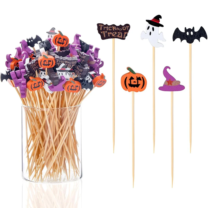 Palillos desechables para fiesta de Halloween, 50/100 Uds., brochetas de bambú, calabaza, fantasma, fruta, tenedor, pastel, postre, cóctel, decoraciones