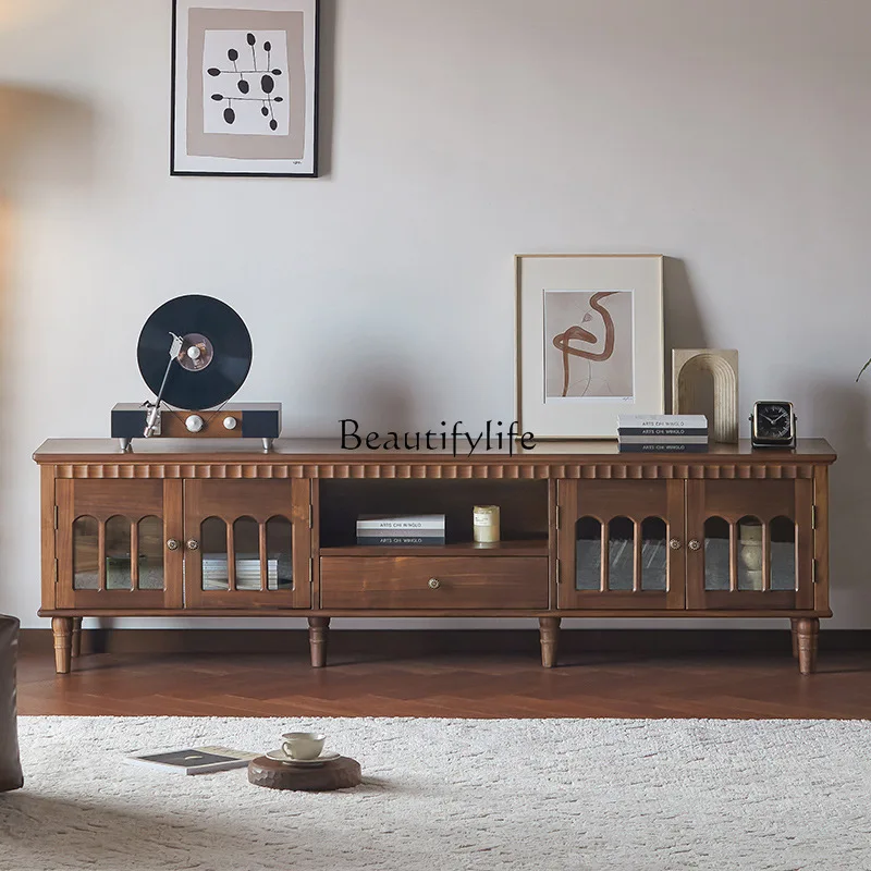 

American light luxury high-end TV cabinet storage locker integrated against the wall living room household solid wood walnut
