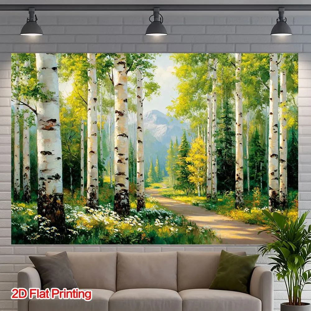Birch Forest Path Nature Woodland Landscape Mural Canvas Wall Art Home Decor Tapestry Room Prints Vertical Aesthetic Sunlight